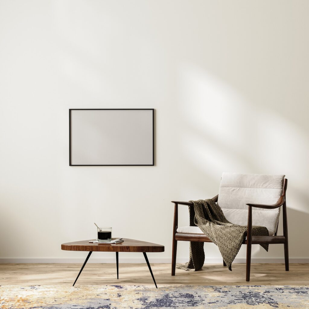 horizontal frame mock up in scandinavian minimalist interior background with armchair